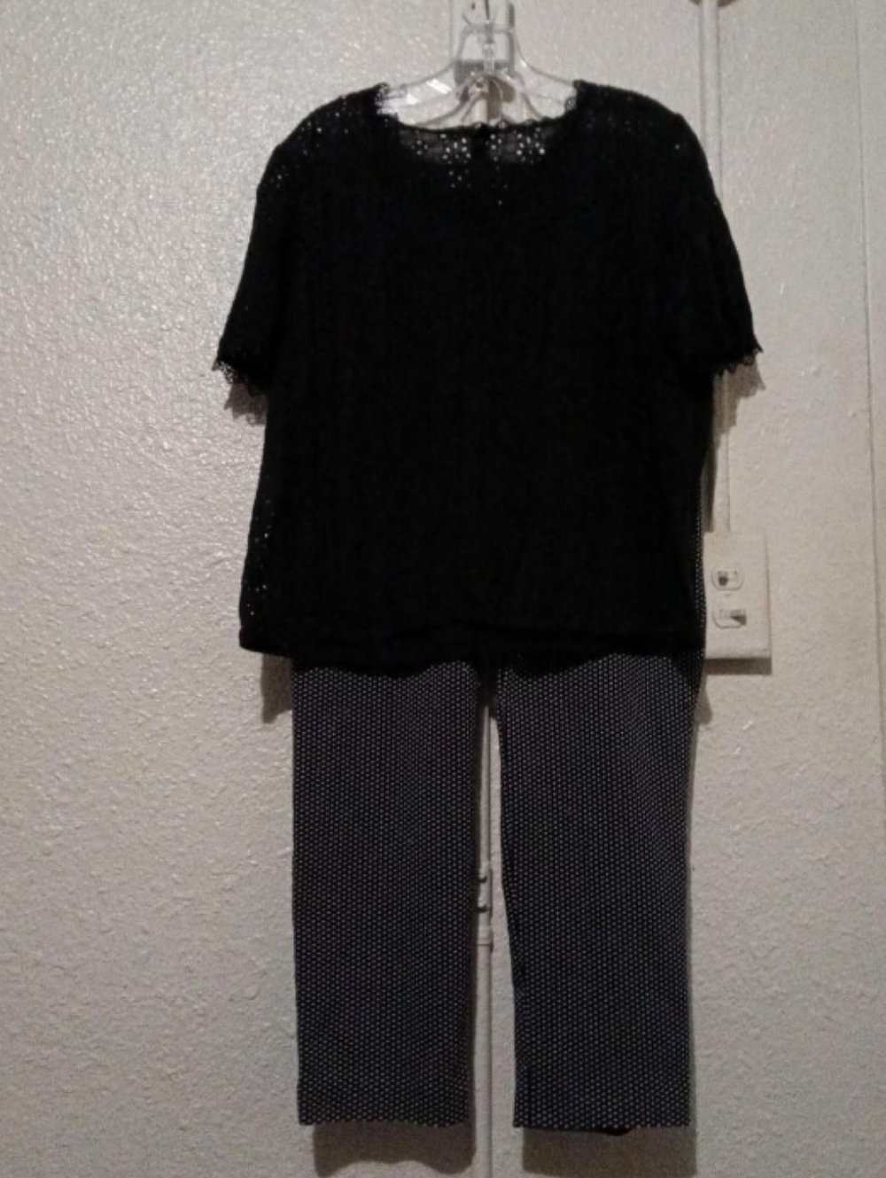 Black Lace Top & Navy Polka Dot Pants Set - Women